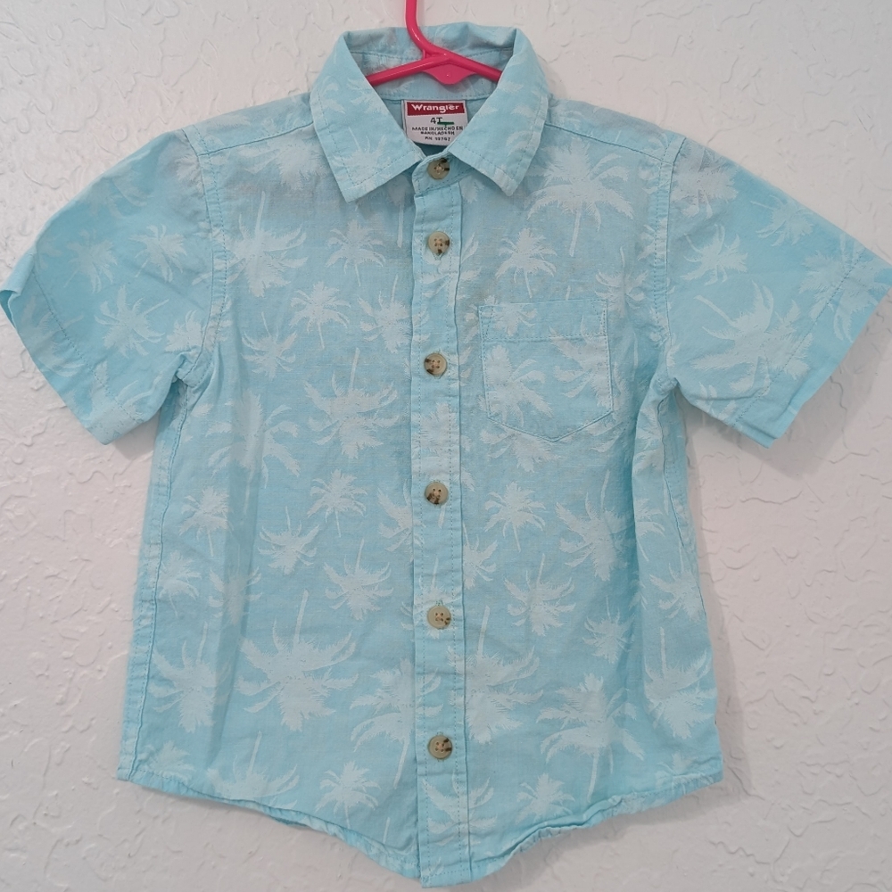Wrangler Blue and White Button Down Shirt Classic Style Palm Kids Size 4T
